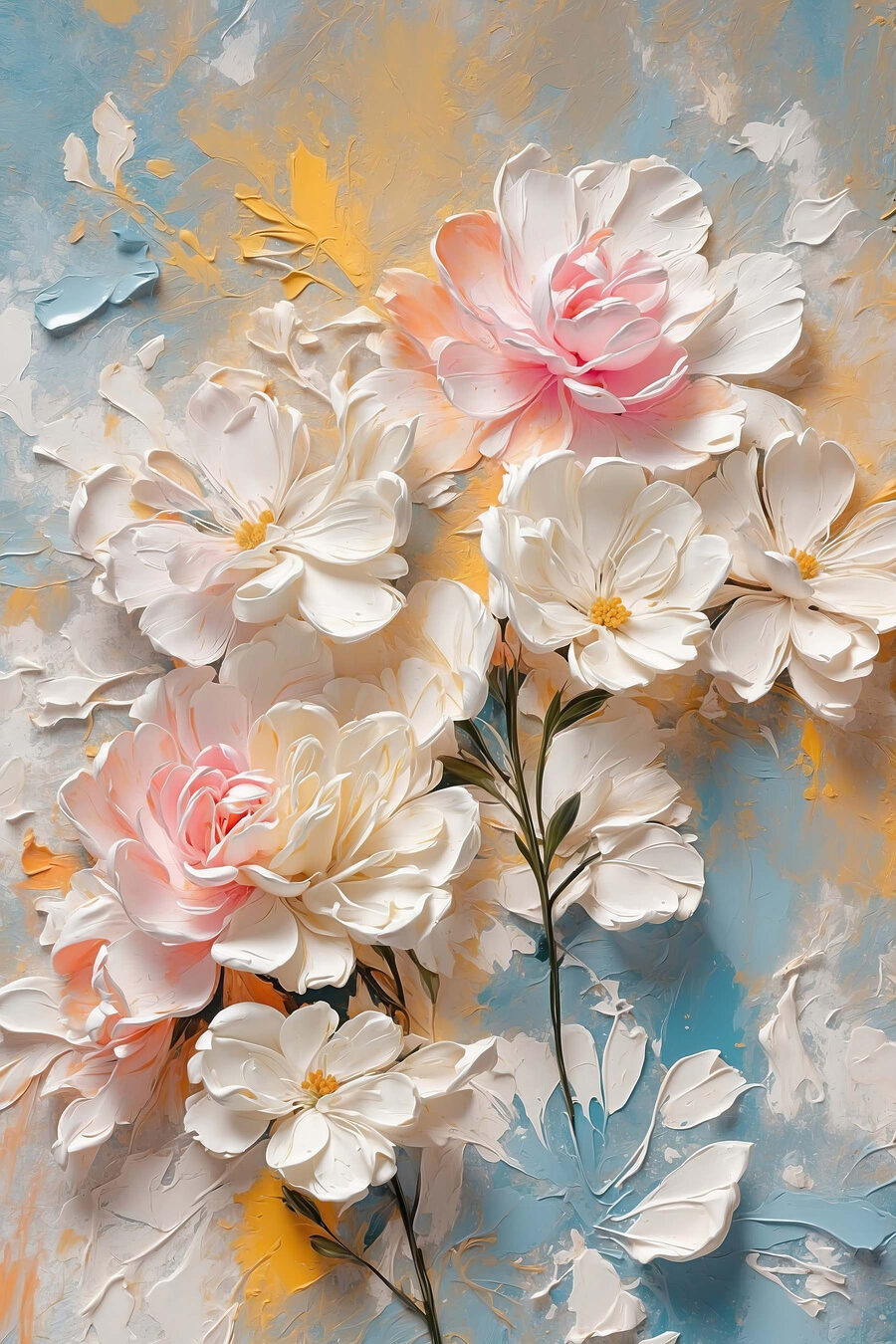 Peinture de fleurs sur fond bleu et jaune