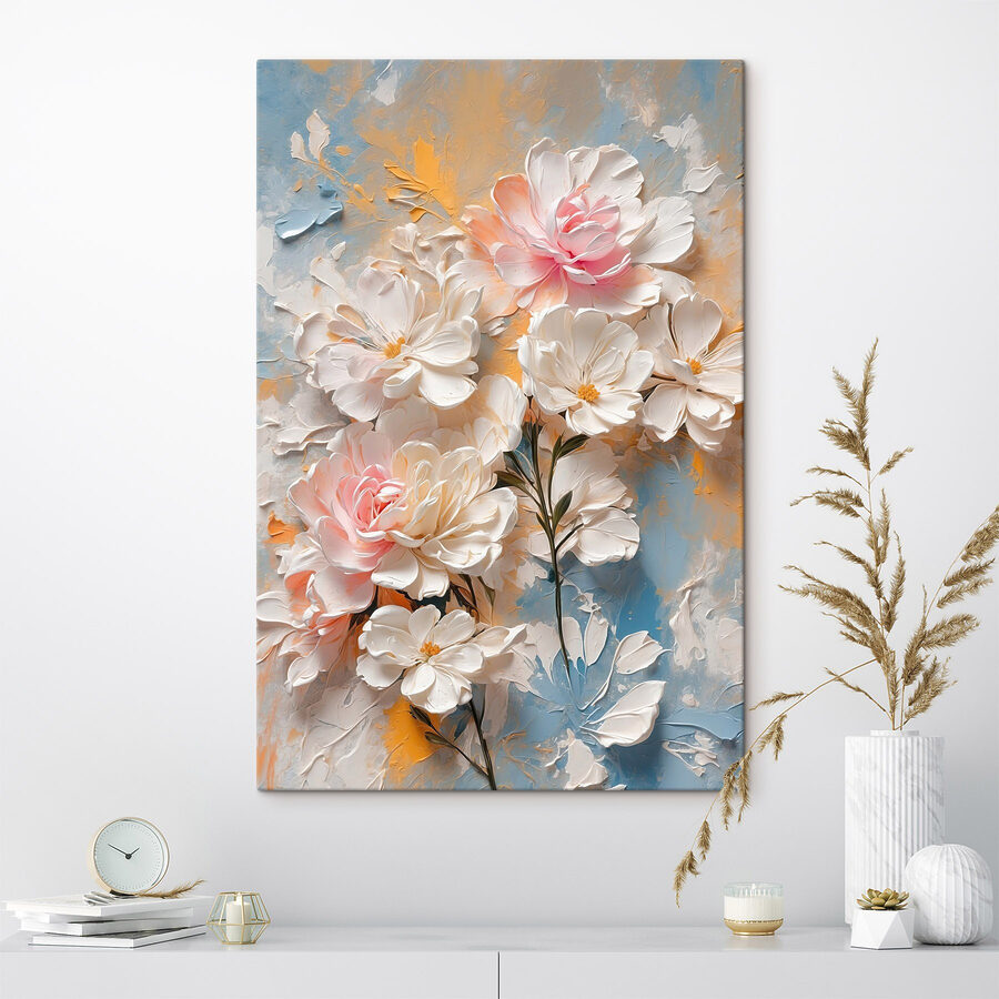 Peinture de fleurs sur fond bleu et jaune