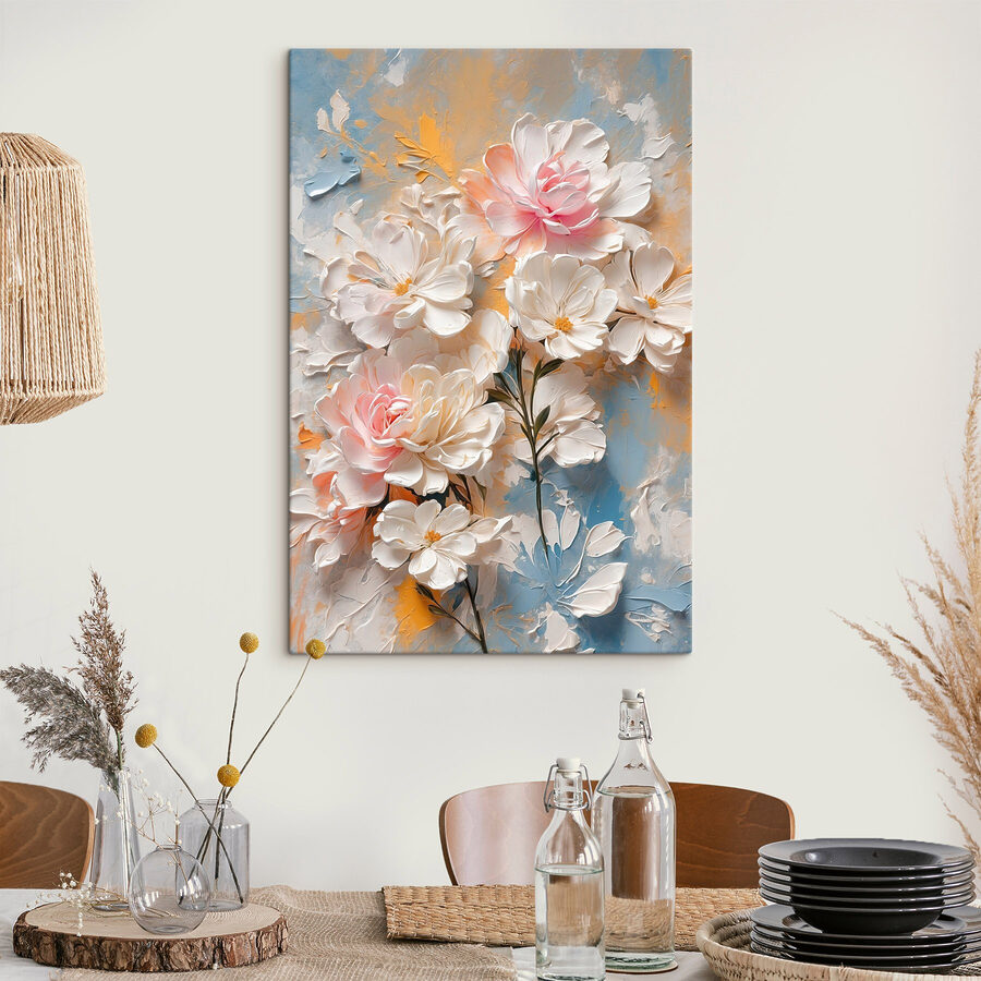Peinture de fleurs sur fond bleu et jaune