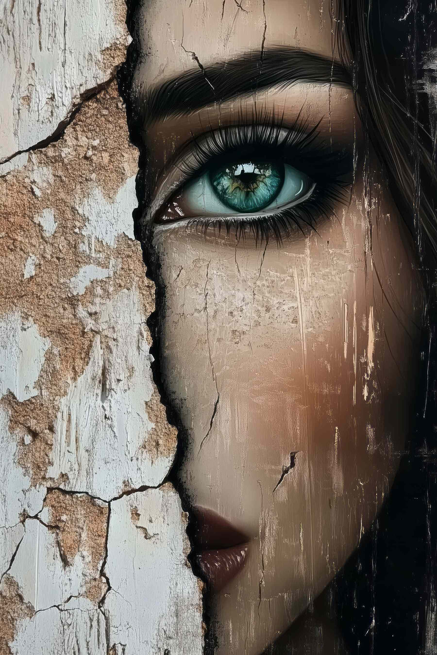 Le visage d'une femme avec un mur fissuré
