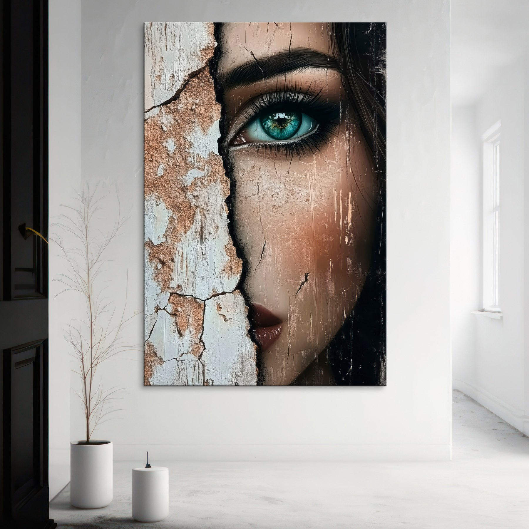 Woman's face with a cracked wall Woman's face with a cracked wall