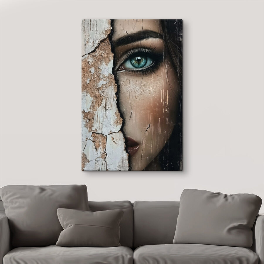 Le visage d'une femme avec un mur fissuré