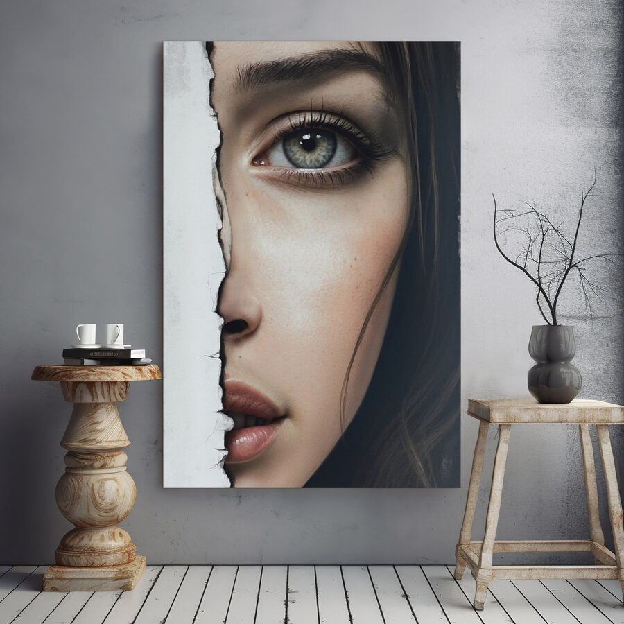 Visage de femme avec un papier déchiré