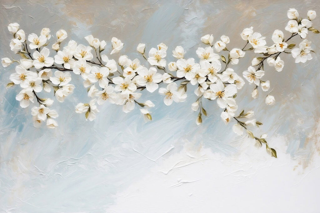 Painting of white flowers on a branch Painting of white flowers on a branch