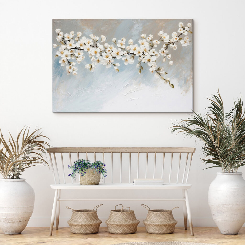 Painting of white flowers on a branch Painting of white flowers on a branch