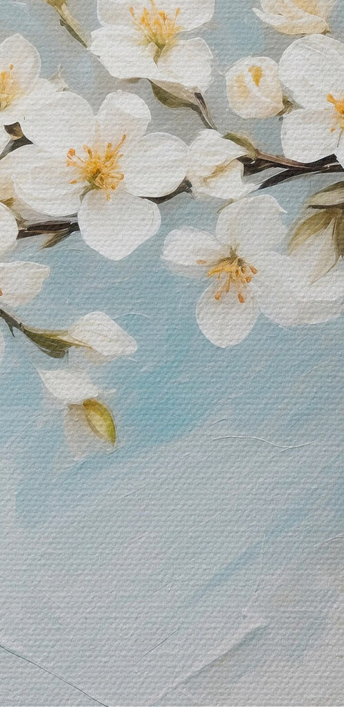 Painting of white flowers on a branch Painting of white flowers on a branch
