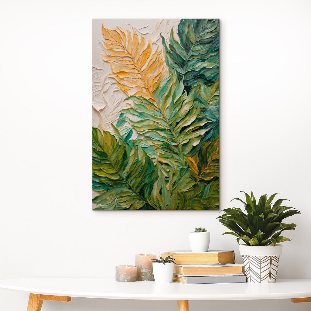 Painting of leaves on a white surface