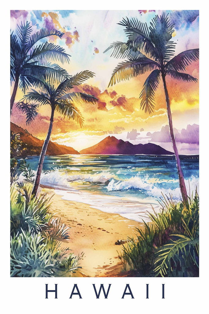 Watercolor painting of a beach with palm trees and waves