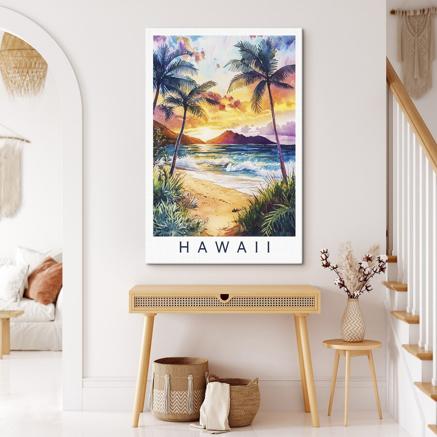 Aquarelle d'une plage avec palmiers et vagues