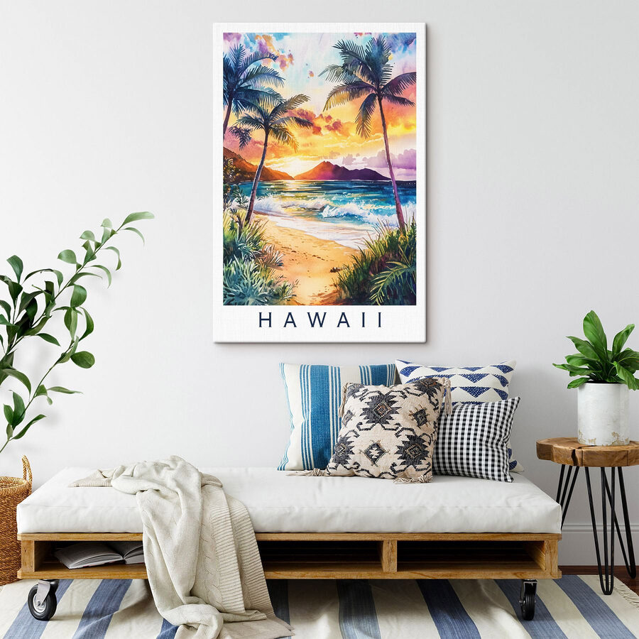 Aquarelle d'une plage avec palmiers et vagues
