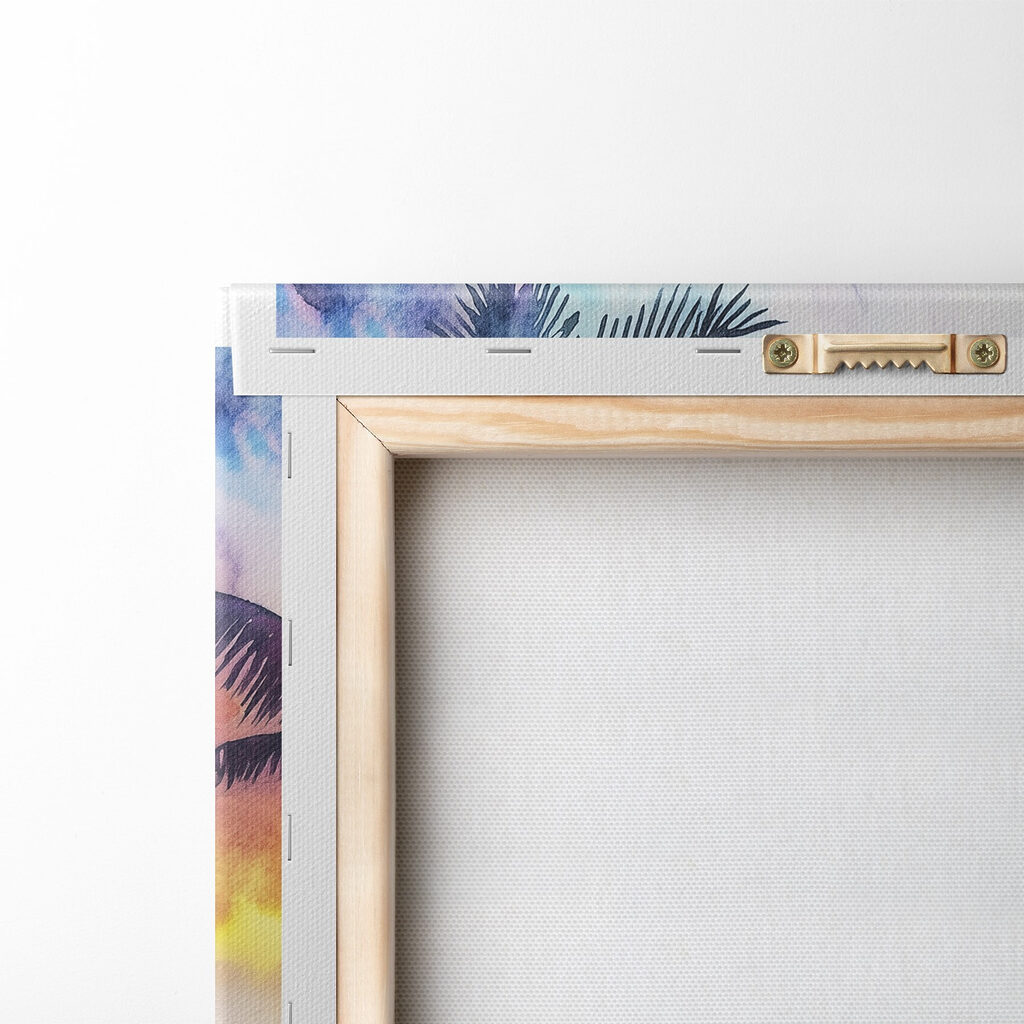 Watercolor painting of a beach with palm trees and waves