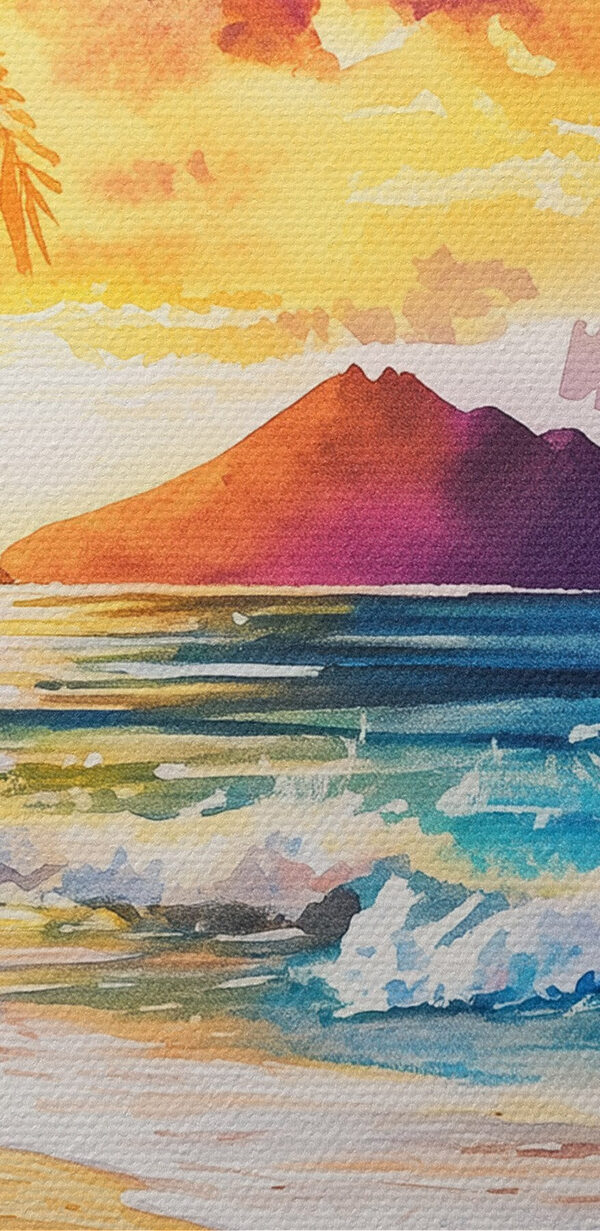 Aquarelle d'une plage avec palmiers et vagues Aquarelle d'une plage avec palmiers et vagues