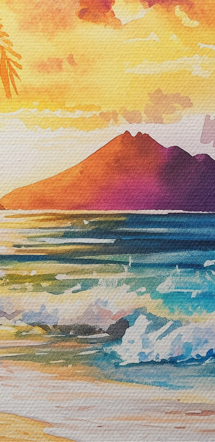 Aquarelle d'une plage avec palmiers et vagues