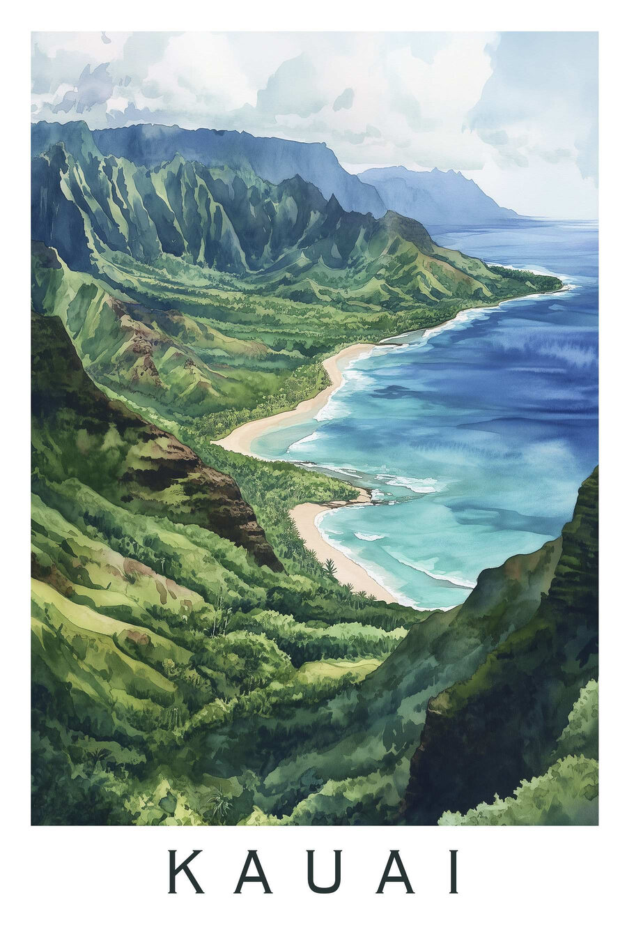 Aquarelle d'une plage et de montagnes