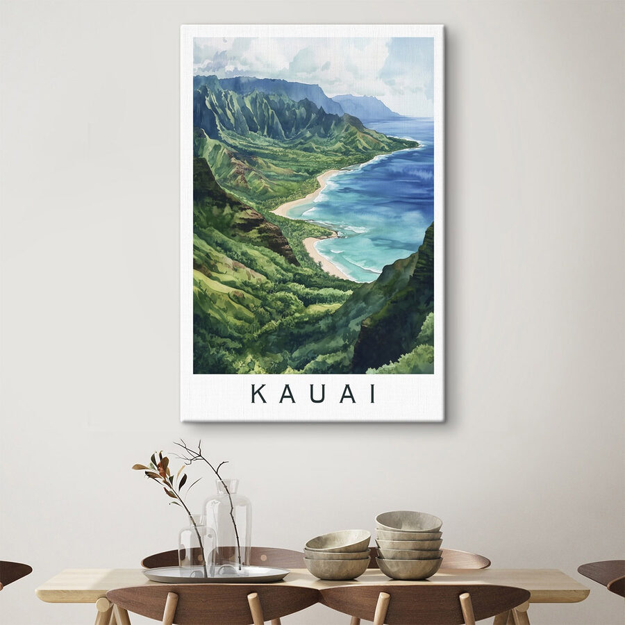 Aquarelle d'une plage et de montagnes