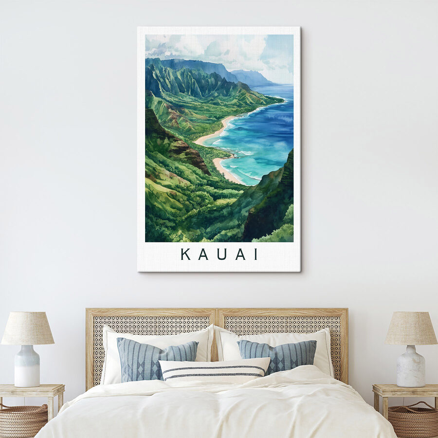 Aquarelle d'une plage et de montagnes