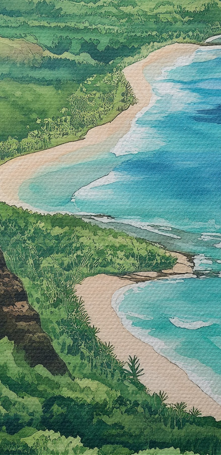 Aquarelle d'une plage et de montagnes