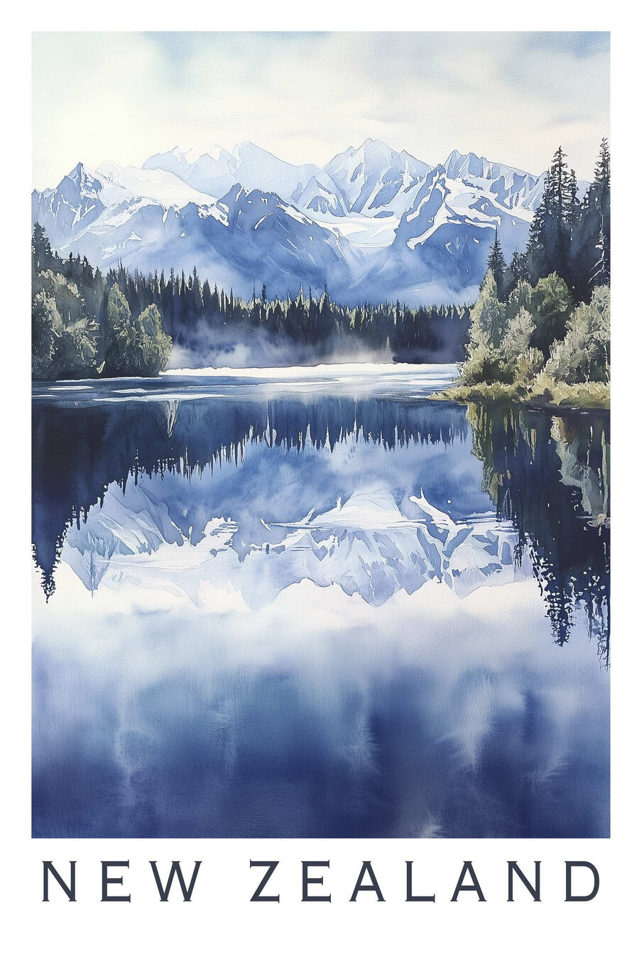 Aquarelle d'un lac avec des arbres et des montagnes en arrière-plan