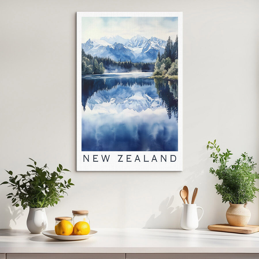 Aquarelle d'un lac avec des arbres et des montagnes en arrière-plan
