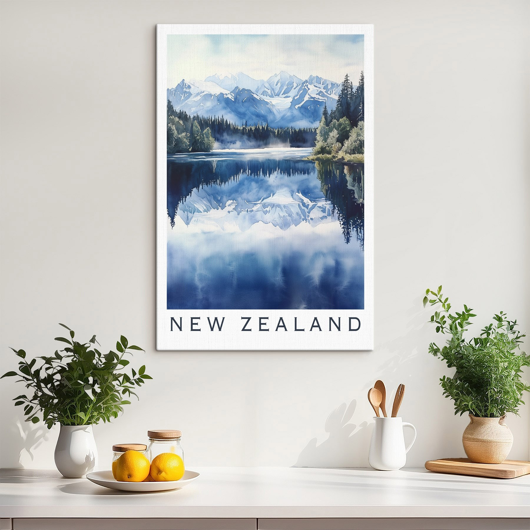 Watercolor of a lake with trees and mountains in the background