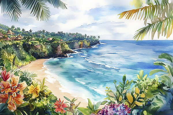 Aquarelle d'une plage et de l'océan Aquarelle d'une plage et de l'océan