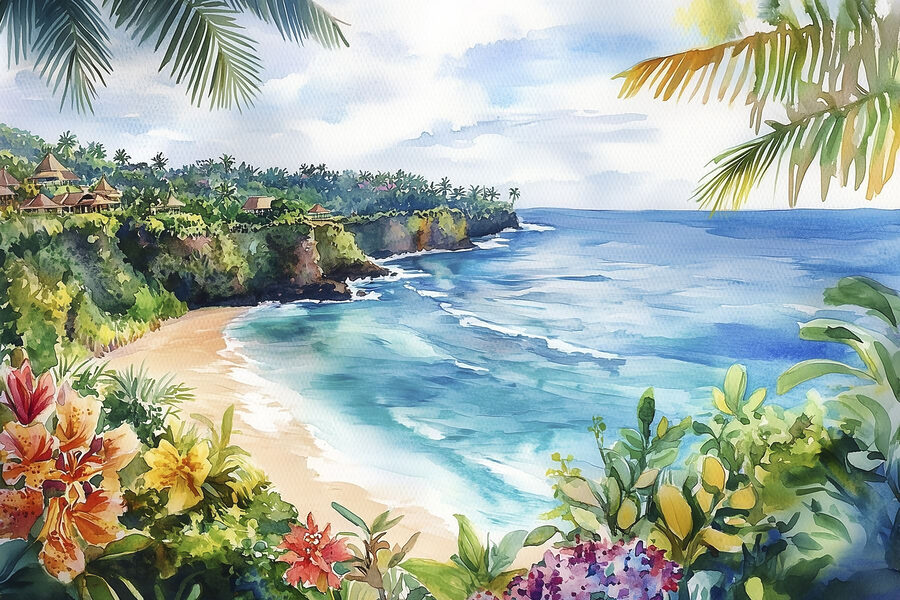 Aquarelle d'une plage et de l'océan Aquarelle d'une plage et de l'océan