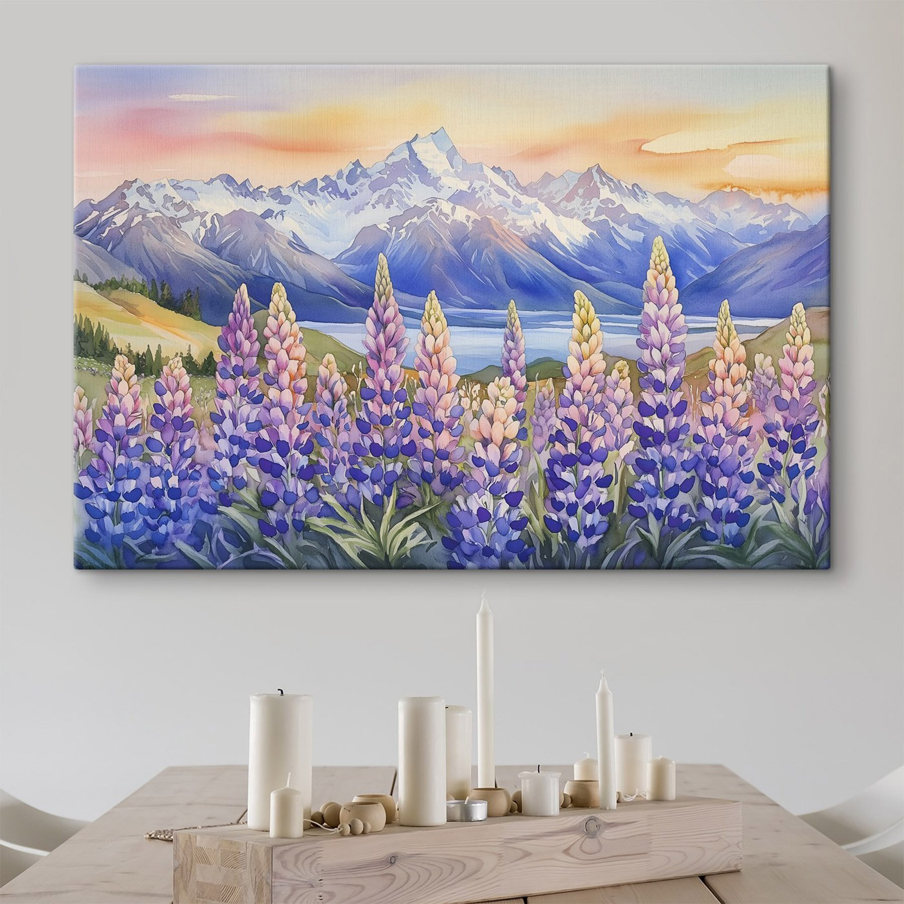 Painting of flowers and mountains