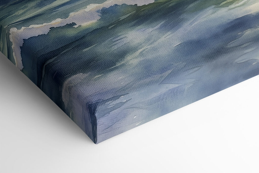 Watercolor of waves and mountains in the background