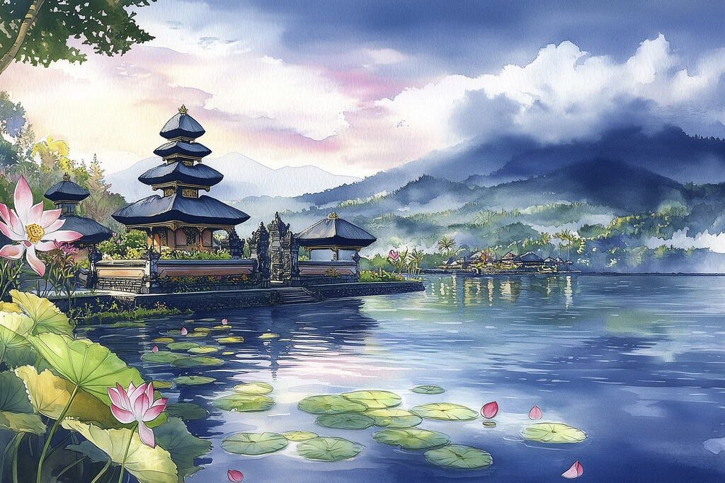 Watercolor painting of a lake with a pagoda and lily pads