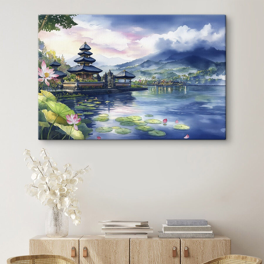 Aquarelle d'un lac avec une pagode et des nénuphars