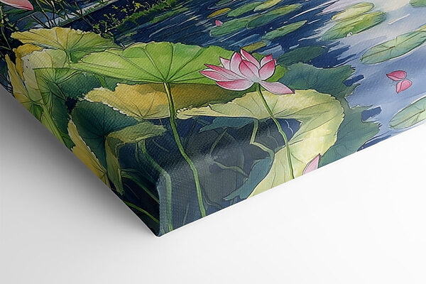 Aquarelle d'un lac avec une pagode et des nénuphars Aquarelle d'un lac avec une pagode et des nénuphars