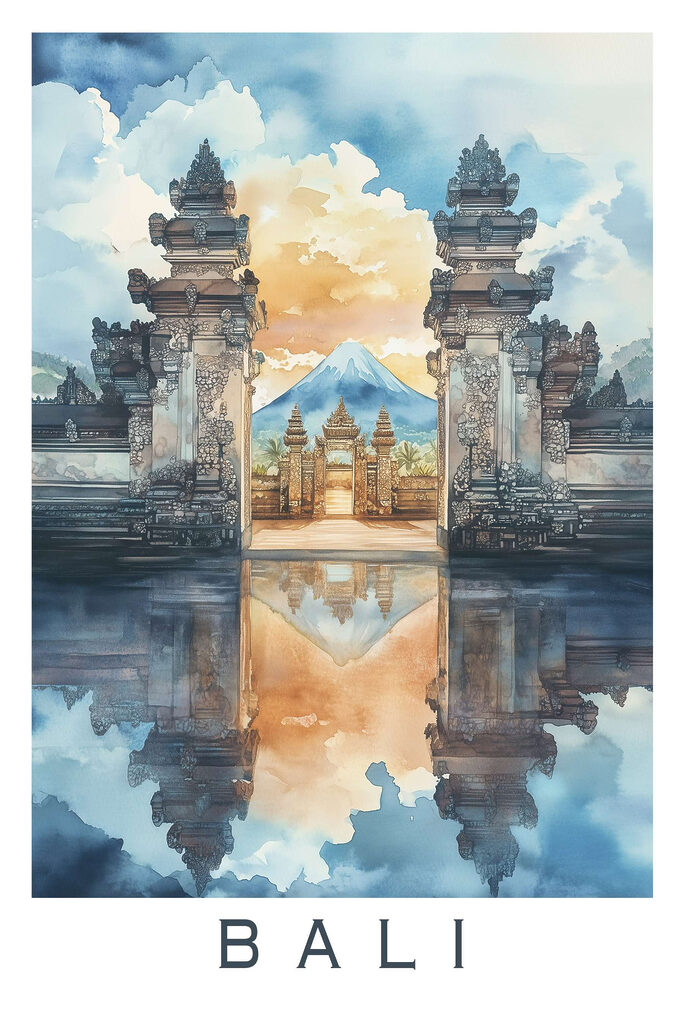 Watercolor painting of a temple with a mountain in the background Watercolor painting of a temple with a mountain in the background