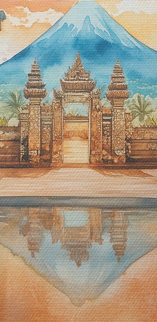 Watercolor painting of a temple with a mountain in the background Watercolor painting of a temple with a mountain in the background