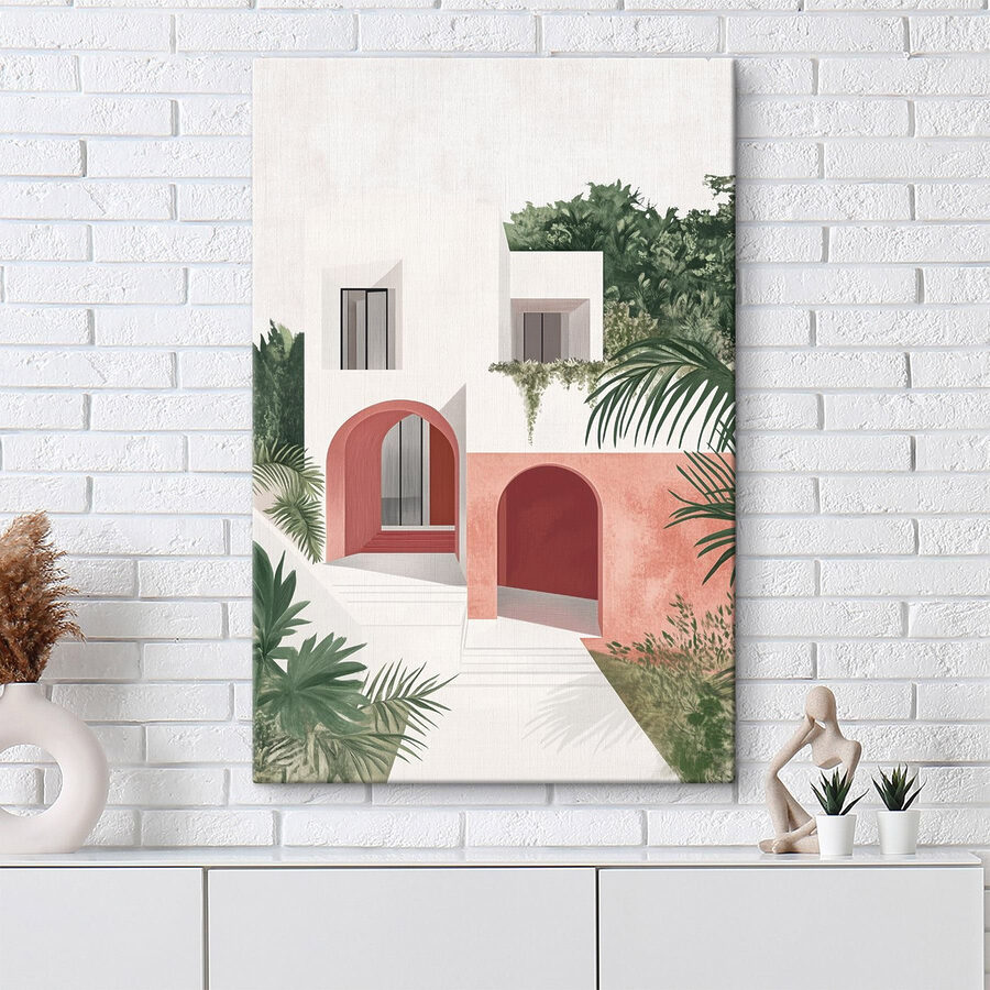 Maison blanche et rose avec arbres