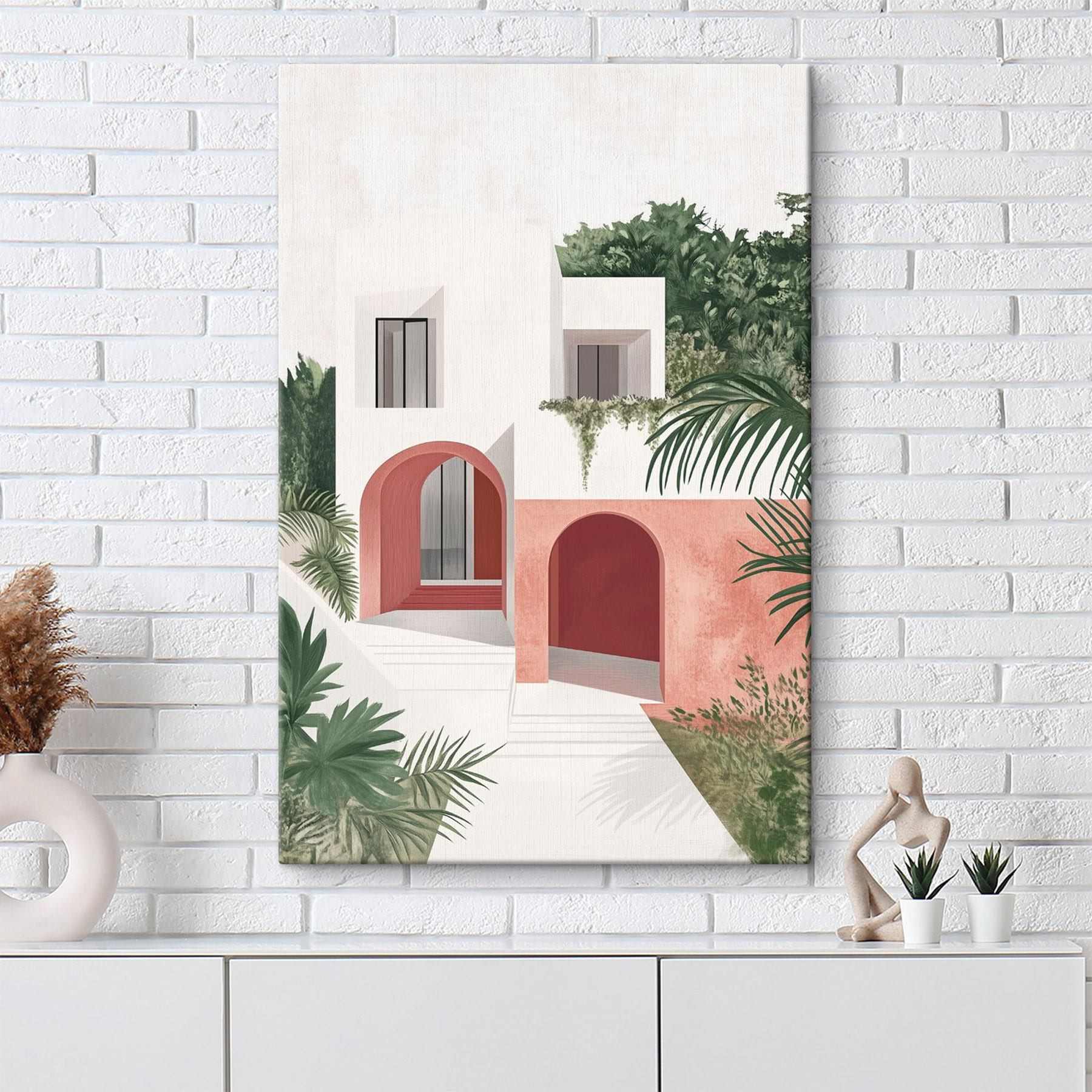 White and pink house with trees