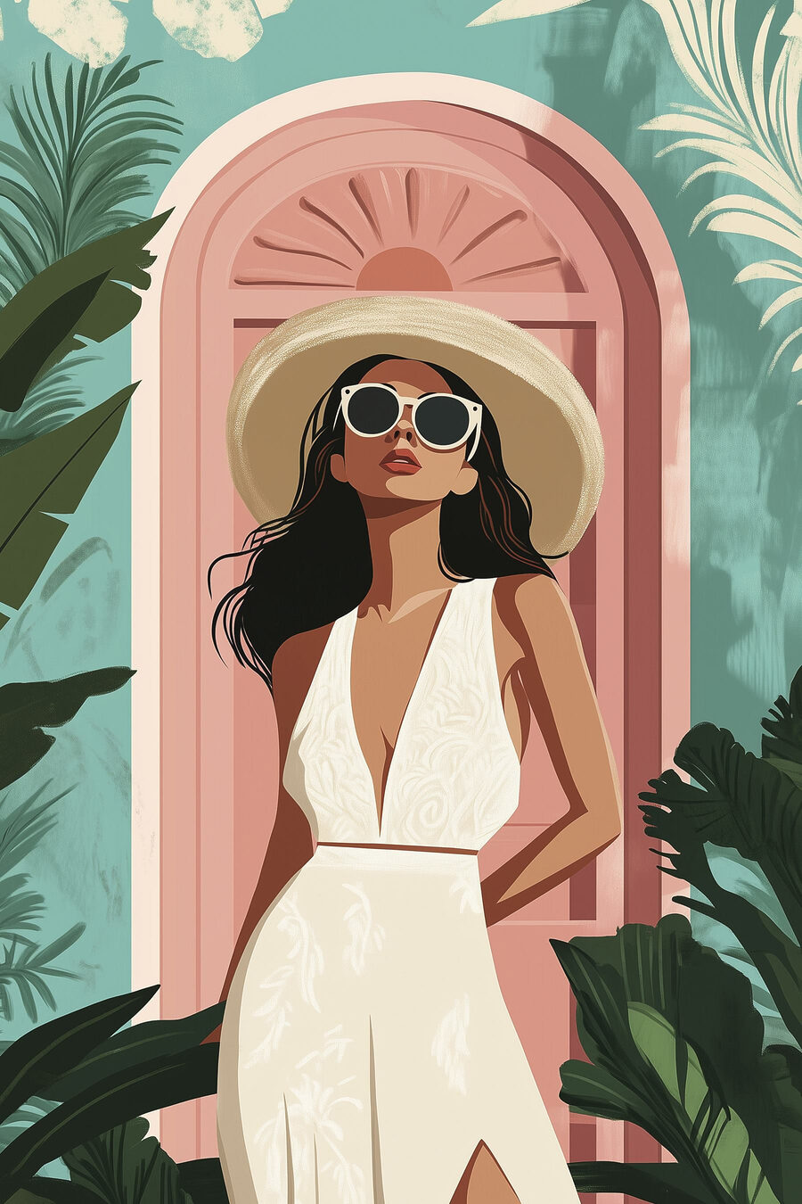 Femme portant une robe blanche et un chapeau