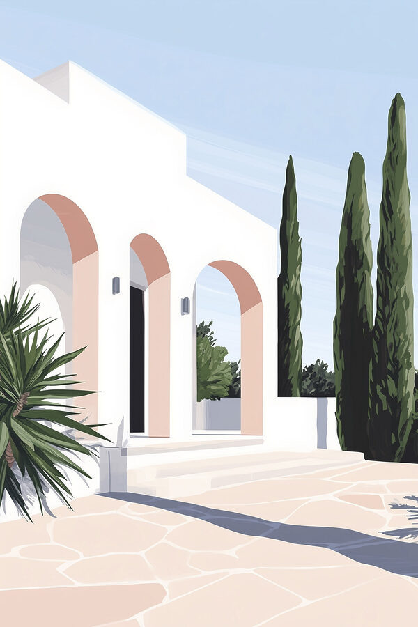 Bâtiment blanc avec des arcs roses et des arbres Bâtiment blanc avec des arcs roses et des arbres