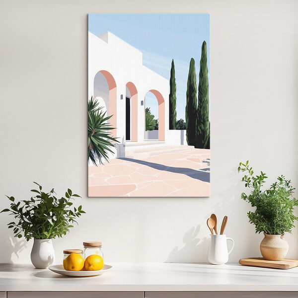 Bâtiment blanc avec des arcs roses et des arbres Bâtiment blanc avec des arcs roses et des arbres