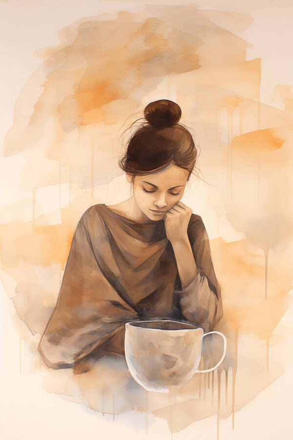 Femme avec la main sur le visage regardant une tasse de café Femme avec la main sur le visage regardant une tasse de café