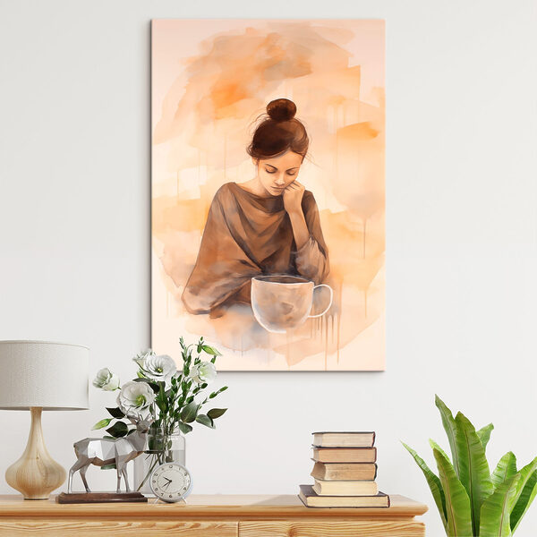 Femme avec la main sur le visage regardant une tasse de café Femme avec la main sur le visage regardant une tasse de café