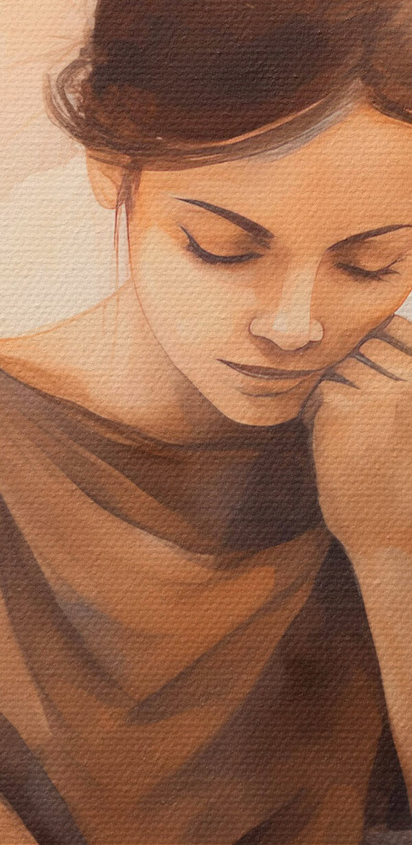 Femme avec la main sur le visage regardant une tasse de café Femme avec la main sur le visage regardant une tasse de café
