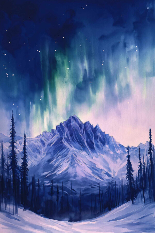 Peinture d'une montagne avec des arbres et une aurore boréale Peinture d'une montagne avec des arbres et une aurore boréale