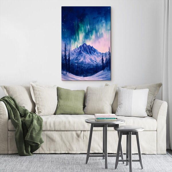 Peinture d'une montagne avec des arbres et une aurore boréale Peinture d'une montagne avec des arbres et une aurore boréale