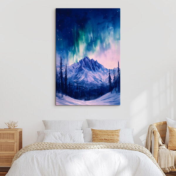 Peinture d'une montagne avec des arbres et une aurore boréale Peinture d'une montagne avec des arbres et une aurore boréale