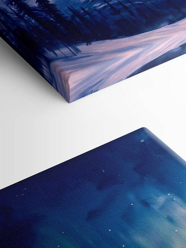Peinture d'une montagne avec des arbres et une aurore boréale Peinture d'une montagne avec des arbres et une aurore boréale