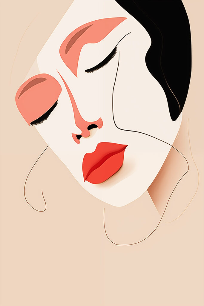 Woman with red lips and black spots on her face