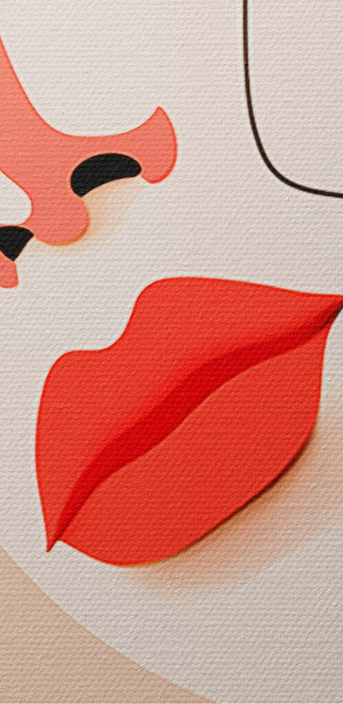 Woman with red lips and black spots on her face