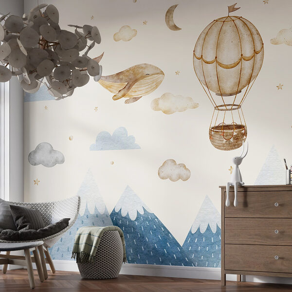 Baleine et montgolfière dans le ciel Papier peint Baleine et montgolfière dans le ciel