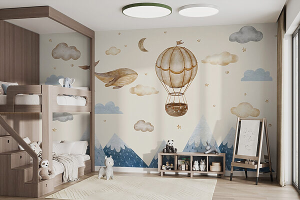 Whale and hot air balloon in the sky