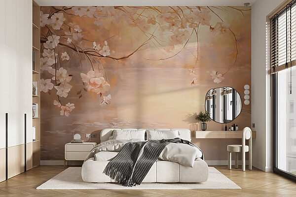 Papier peint Papier peint Peinture d'une branche d'arbre avec des fleurs (UGS : w09046)